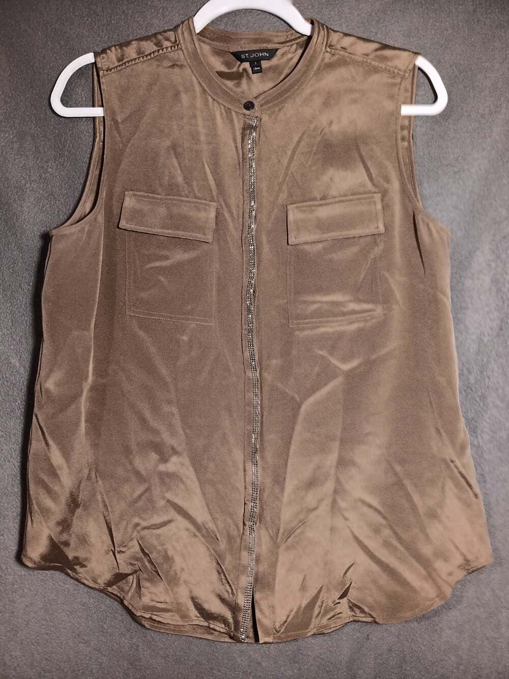 St John Brown 100% Silk Tank Small Beaded Embellished Trim Hidden Button Up SP17